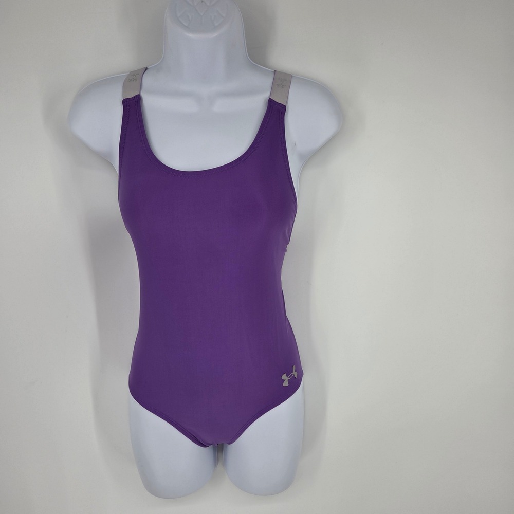 Under Armour Girls Purple One Piece Swimsuit Glitter Logo Straps Size 12